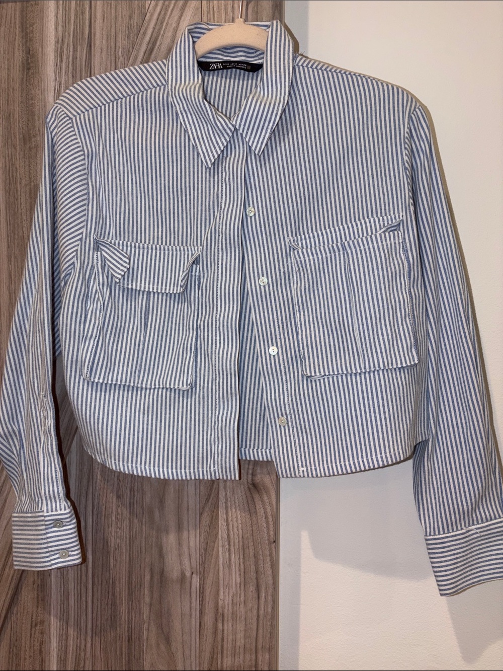 Zara Light Blue and White Cropped Striped Button-Up Jacket